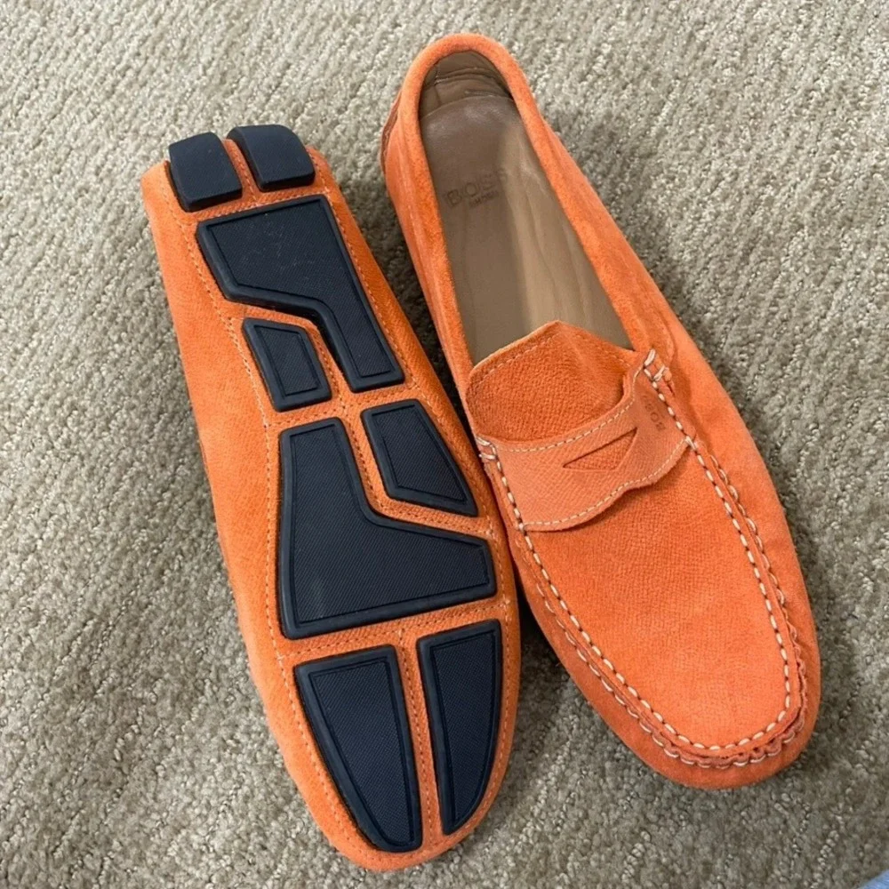 BOSS Hugo Boss Penny Loafers Men 43 Orange US 10 Suede Driving Shoes Bold Casual